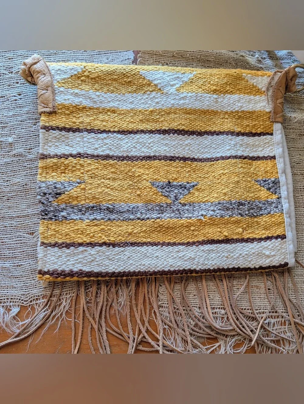 TOTeM Handwoven Fringe Bag Southwestern Aztec Wool Leather Clutch READ